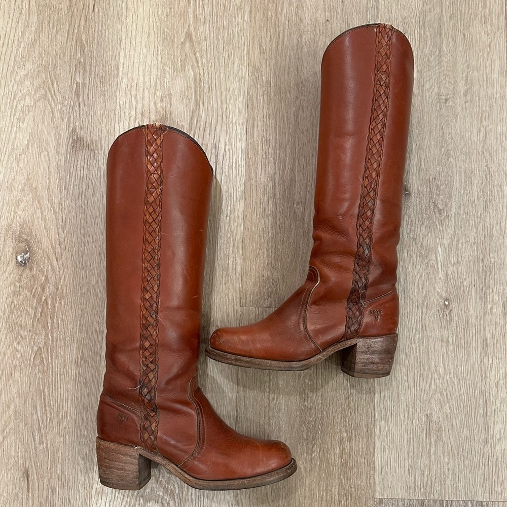 Frye Vintage Braided Sabrina Amber Brown Knee High Tall Boot Women's size 6